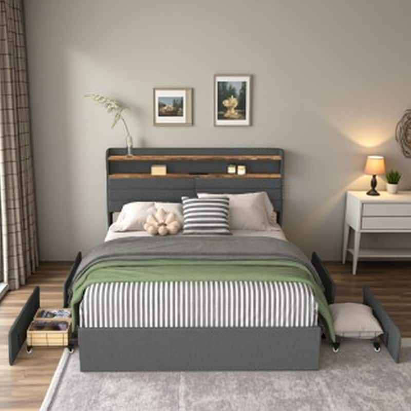 Queen Platform Bed with 4 Built-In Storage Drawers, Headboard Featuring LED Ambient Lighting and Integrated Charging - Full Black+ Gray - Full