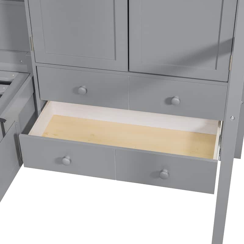 Twin Bunk Bed with Drawers, Wardrobe, Storage Shelves, and Hydraulic Lift, Gray