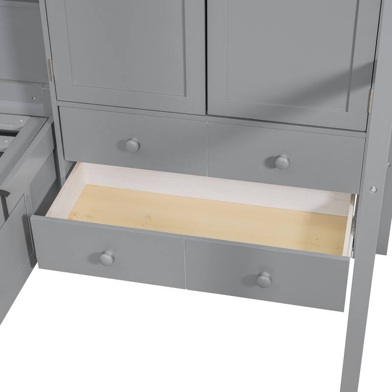 Twin Size Bunk Bed with Wardrobe Drawers and Hydraulic Storage Lift