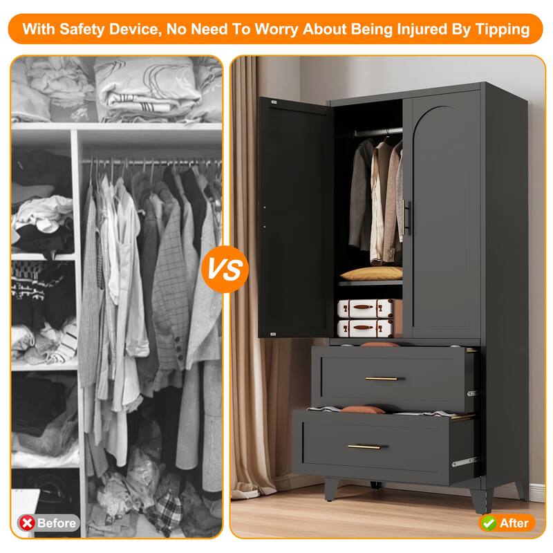 71" Metal Wardrobe Cabinet with 2 Drawers & Hanging Rod - 2-Door Closet with Shelf for Bedroom, Office, Entryway
