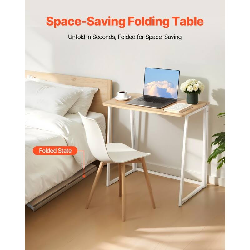 Wood Foldable Computer Desk with White Sturdy Steel Frame for Home Office and Study