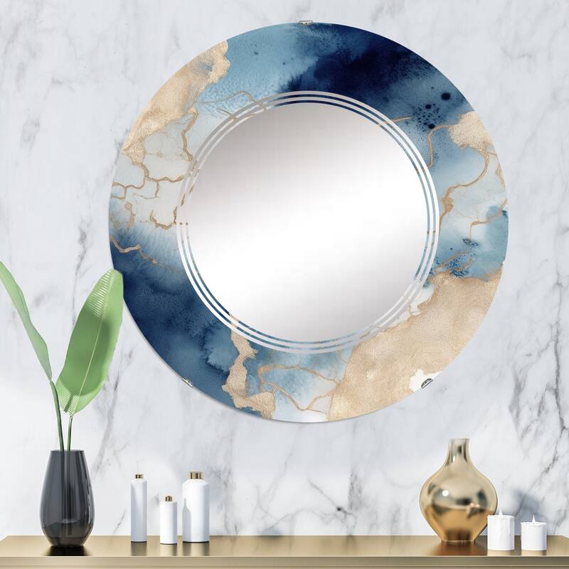 Designart "Blue and Gold Marble Clouds VIII" Fractals Modern Wall Mirror - 32in.x32in.