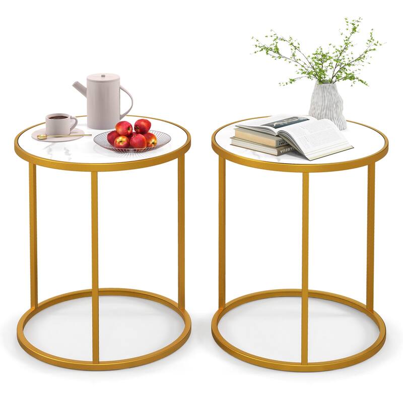 16 Inch Marble Top Round Side Table with Golden Metal Frame for Living Room Bedroom - Set of 2