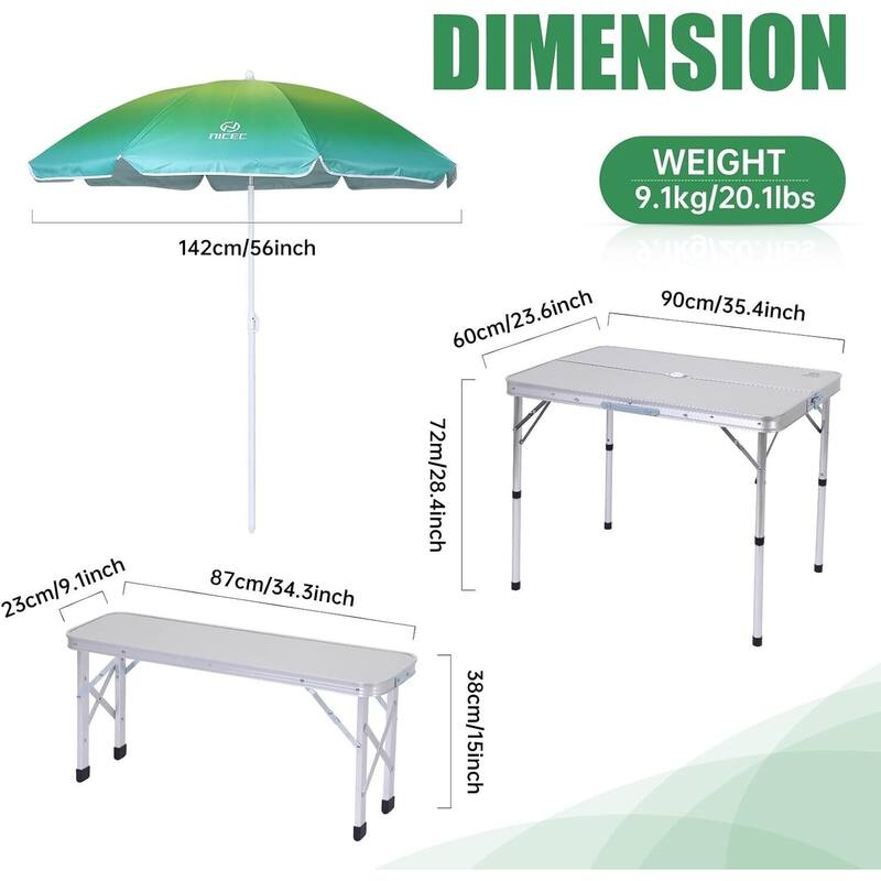 Folding Picnic Table with Umbrella and two Benches for Backyard, Patio, and Outdoor Parties