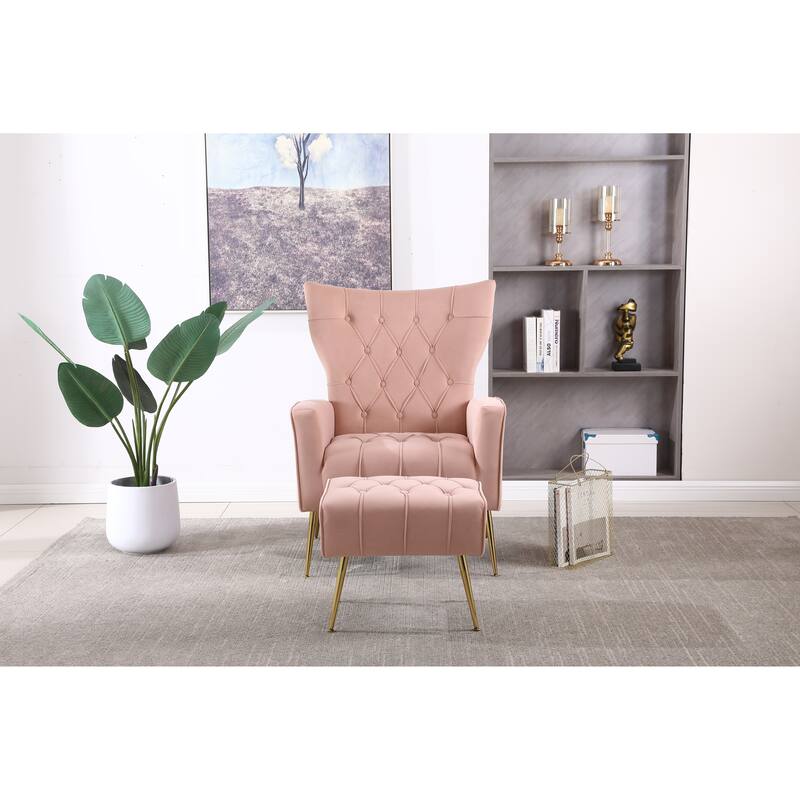Pink Velvet Lounge Chair Office Chair with Footrest, Minimalist Reading Chair Reception Chair with Wing Backrest - Pink