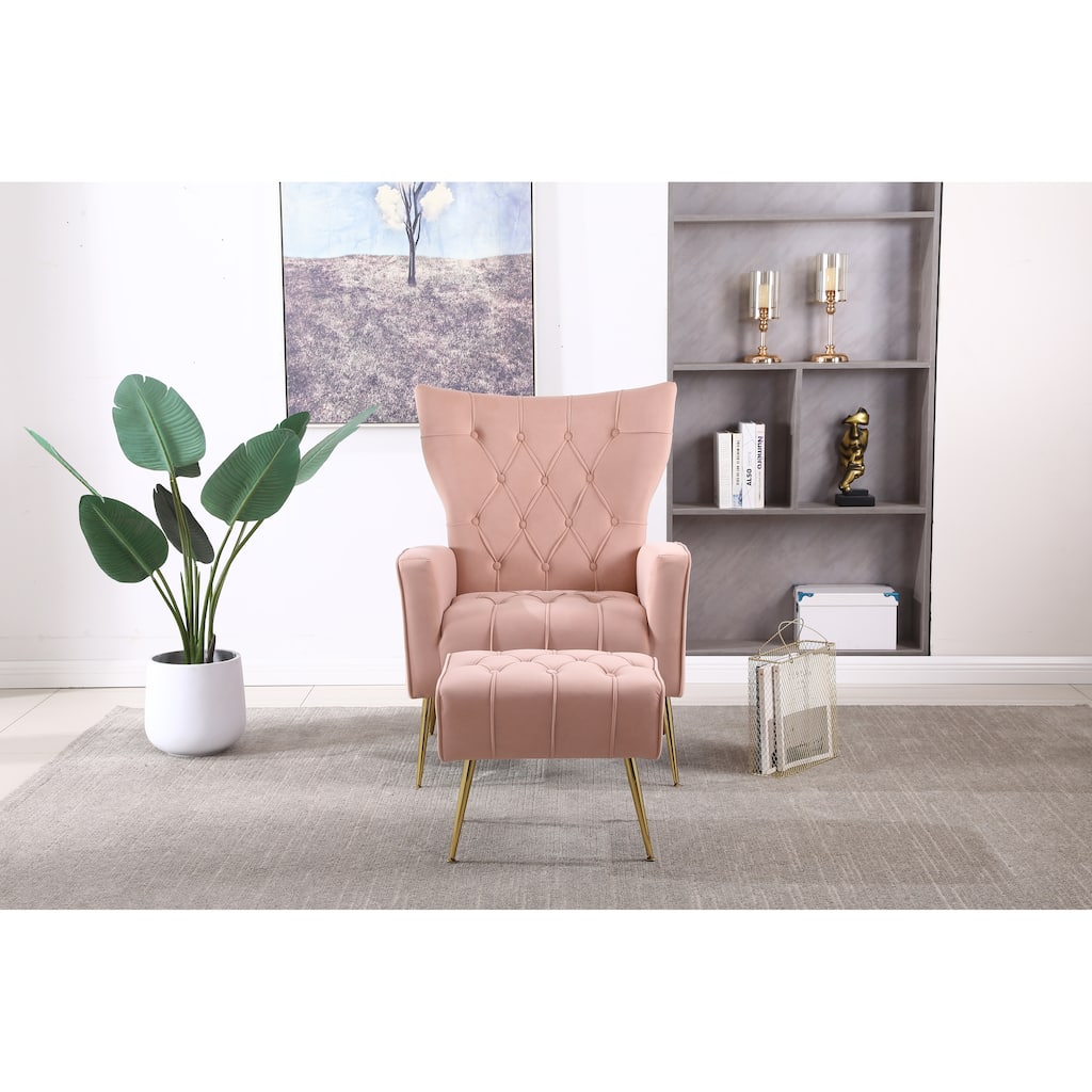 Pink Velvet Lounge Chair Office Chair with Footrest, Minimalist Reading Chair Reception Chair with Wing Backrest