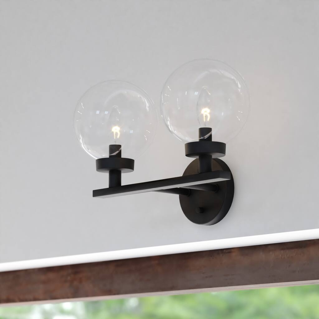 Lander Matte Black Bathroom Vanity Lighting Fixture, Clear Glass Globe Shade, Dimmable, LED Compatible, Reversible Wall Mount