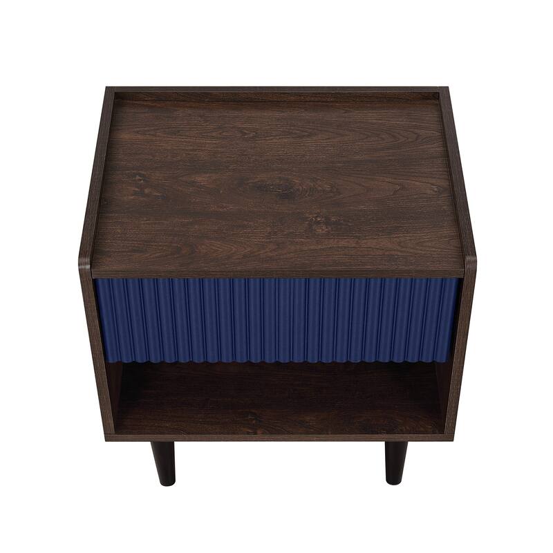 Modern Nightstand with Fluted Design Single Drawer and Open Shelf