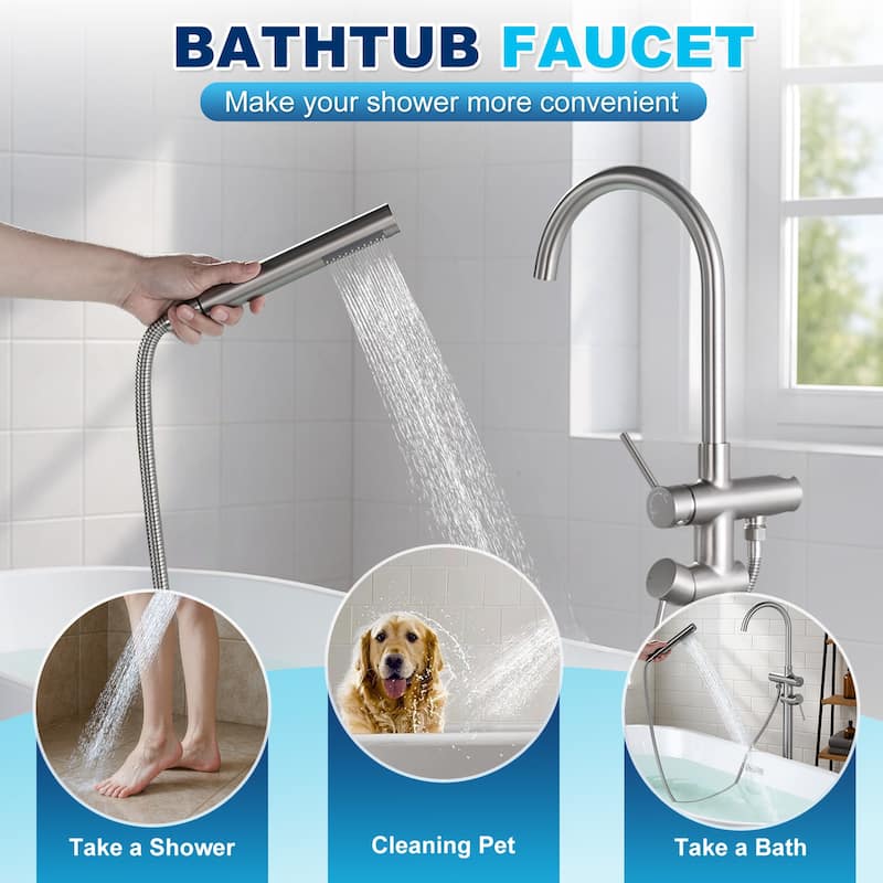 WOWOW Double Handle Freestanding Tub Faucet with Handheld Shower