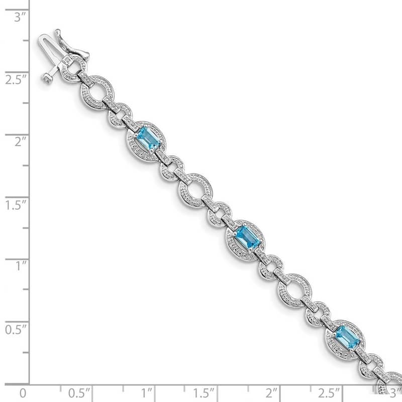 Curata 925 Sterling Silver Textured Polished Box Catch Closure Diamond and Lt Swiss Blue Topaz Oval Link Bracelet