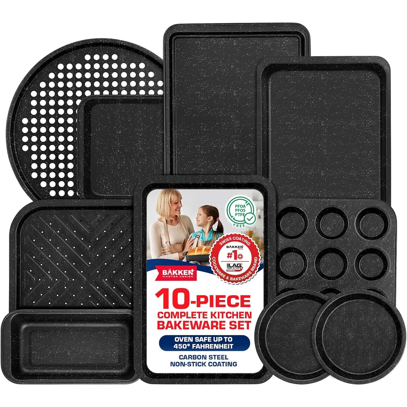 Bakken 6-Piece Non-Stick Bakeware Set - Carbon Steel Pans With Red Silicone Handles (PFOA Free)