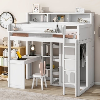 Elegant Sturdy Wood Twin Loft bed with Multiple Storage Shelves and Wardrobe, Built-in desk and Full-length Guardrails, White