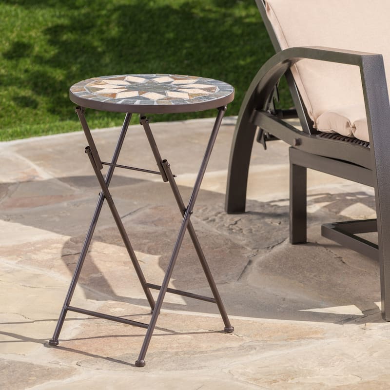 Roomfitters End Table, Round Mosaic Outdoor Side Table with Folding Metal Frame for Patio or Garden, Beige+Black