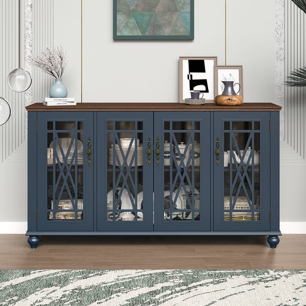 slide 2 of 36, 63" Vintage Style Wood Kitchen Accent Buffet Sideboard Cabinet - 63" in Width Blue