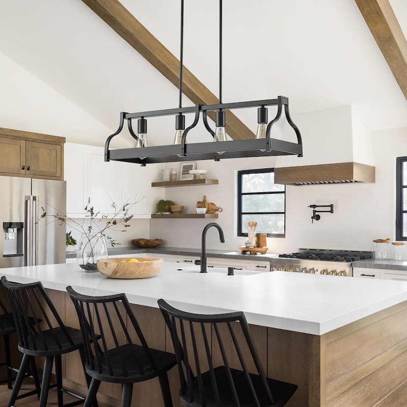 Starsky 4-Light Modern Farmhouse Black Chandelier Wooden Linear Kitchen Island Light