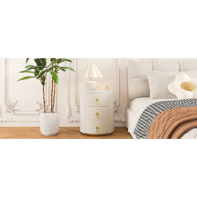 Upholstered 3-Drawer Nightstand - Round Marbling Top Bedside Table (Fully Assembled Except Handles, Beige)