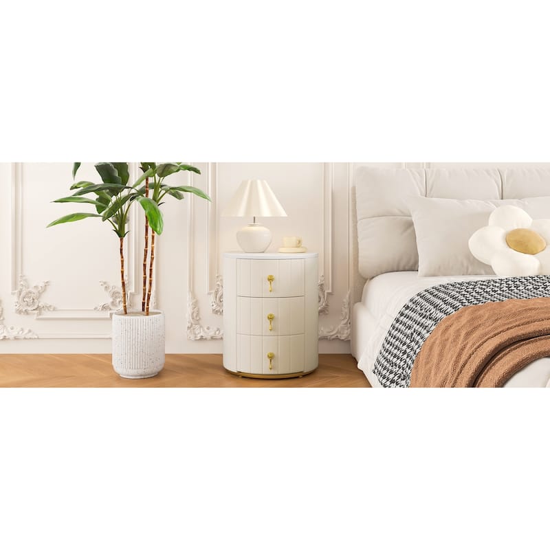 Upholstered Nightstand With 3 Drawers, Round Bedside Table With Metal Handles,Marbling Stickers Top Night Table