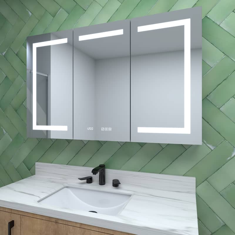 GDFStudio - Delmar Modern Aluminum LED Lighted Medicine Cabinet with Mirror Anti Fog and Digital Clock