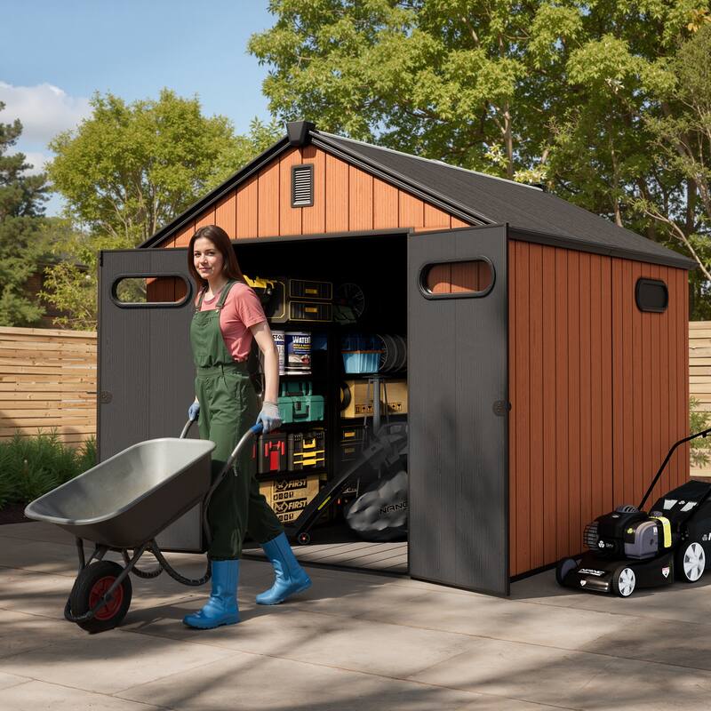 8' x 8' / 8' x 10'/ 8' x 12' Outdoor Storage Shed with Lockable Double Doors for Garden, Backyard, Patio - 8' x 10' - Brown