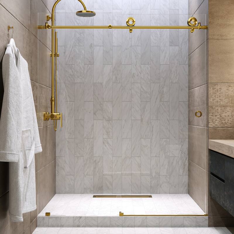Seawin Hugo 56 - 60 x 78 inches Frameless Sliding Shower Door 3/8 in. (10 mm) Clear Tempered Glass with NanoShield Coating - Satin Gold.