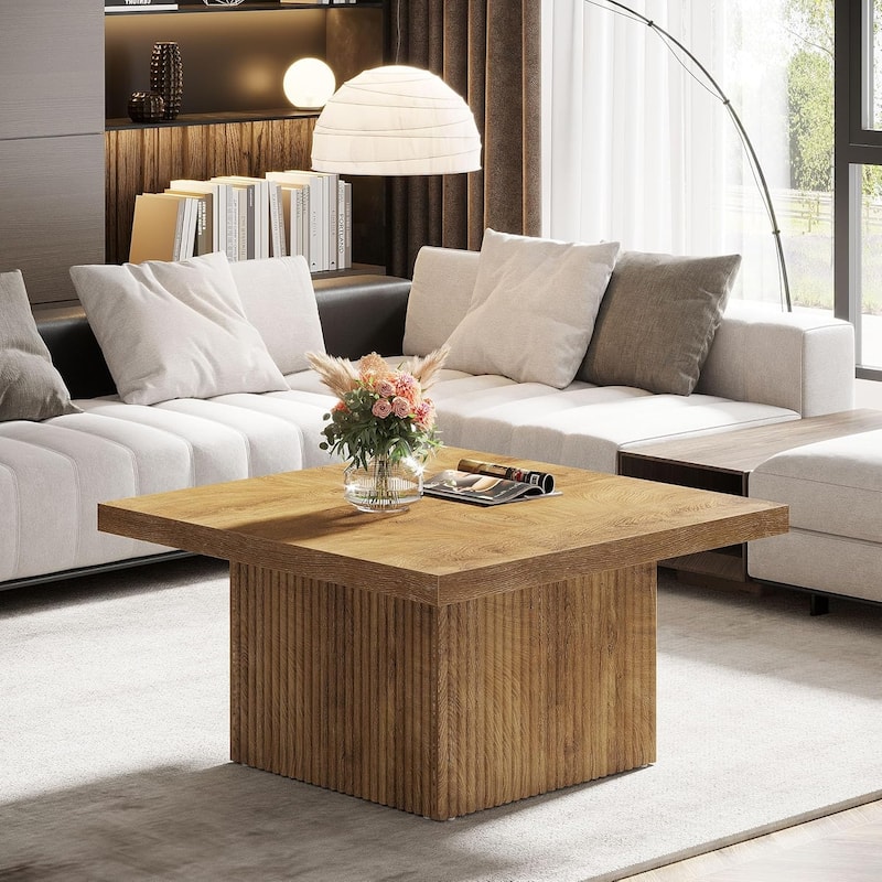 31.5 Brown Wood Square Coffee Table, Large Fluted Coffee Table for Living Room