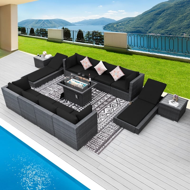 FINCATI 13 Pcs Patio Outdoor Wicker Furniture Sectional Sofa Set with Lounge Chair - 13 Piece - Black