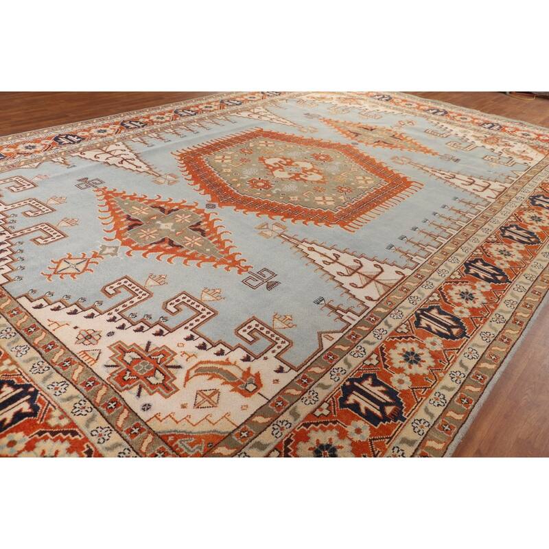 Light Blue Orange Viss Oriental Large Rug Hand-Knotted Wool Carpet - 11'9" X 17'9"