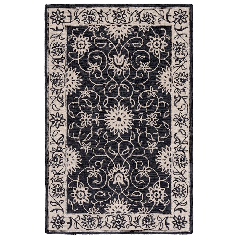 SAFAVIEH Handmade Jardin Trinchen Floral Wool Rug - 6' Square - Black/Ivory