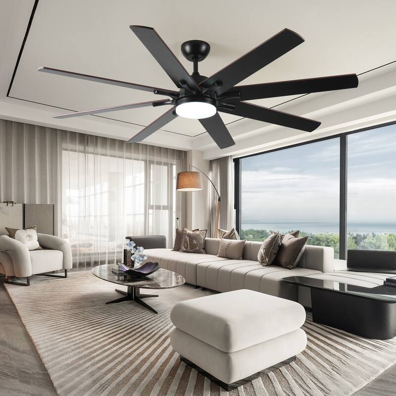 72 Inch Large Ceiling Fan Light, Modern Indoor/Outdoor 6 Speed Reversible Ceiling Fan for Kitchen Living Room Patio - Black + Dark Walnut