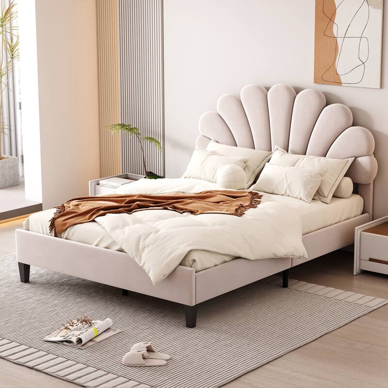 Beige Full Velvet Upholstered Bed with Floral Pattern Headboard - No Box Spring Needed