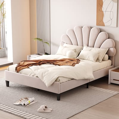 Full Size Upholstered Platform Bed with Flower Pattern Velvet Headboard, Sturdy Frame