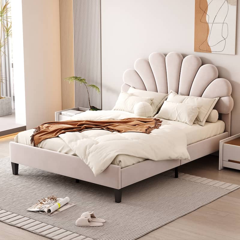 Full Size Upholstered Platform Bed with Flower Velvet Headboard in Beige