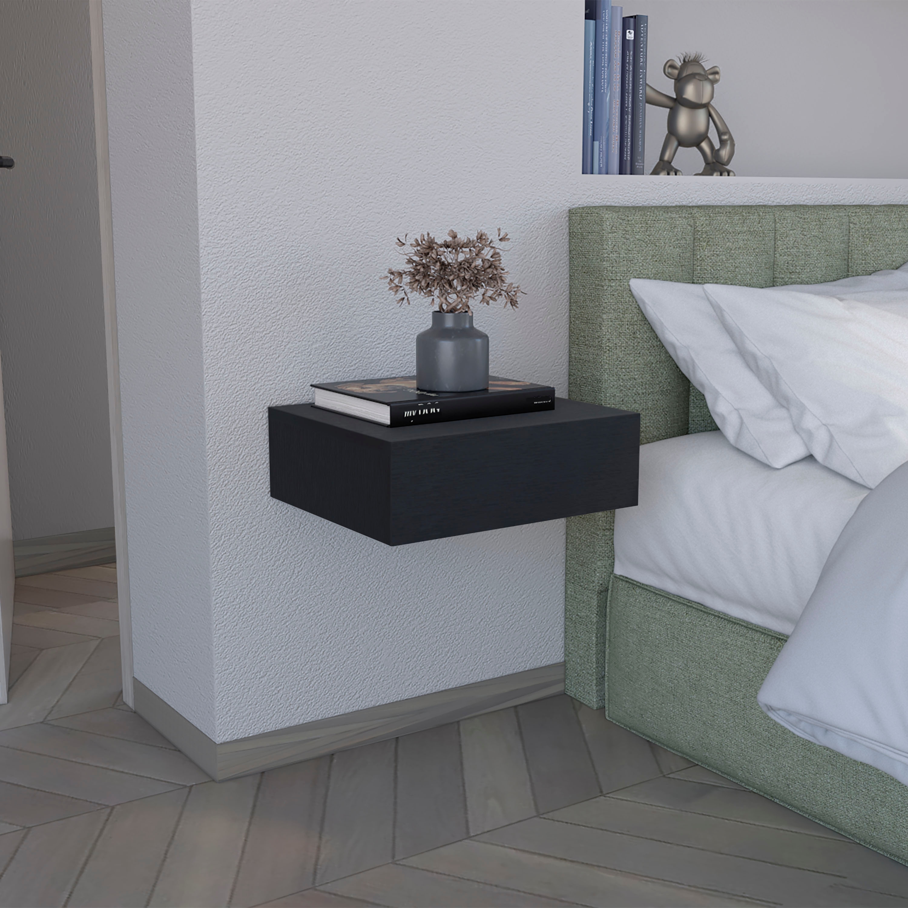 Modern Wall-Mounted Bedside Shelf with Drawer, Black
