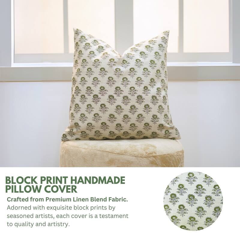 Fabdivine Square 26x26 Inch Fall Home Floral Accent Green Pillow Cover for Throw Decorative Cushioncase, Bagru Buti