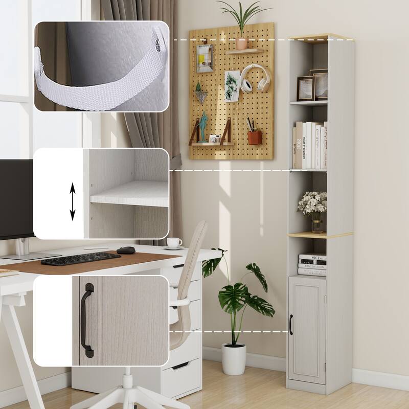 72"Tall Slim Storage Cabinet, 6-Tier Narrow Freestanding Cabinet with 1 Door and 2 Adjustable Shelves, Bookcase Display Shelves