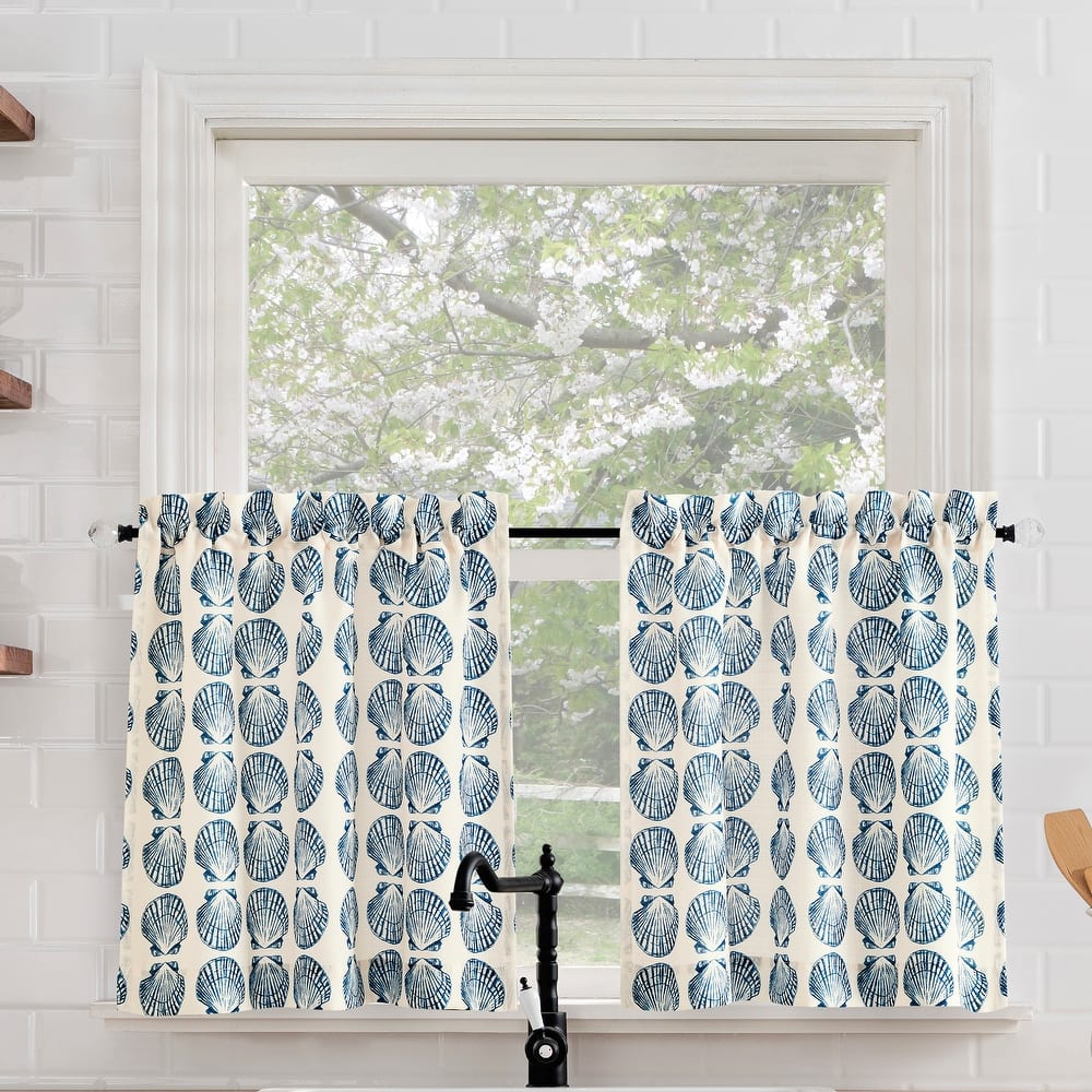 No. 918 Sandbar 2-Piece Tonal Seashell Print Semi-Sheer Rod Pocket Kitchen Curtain Tier Pair