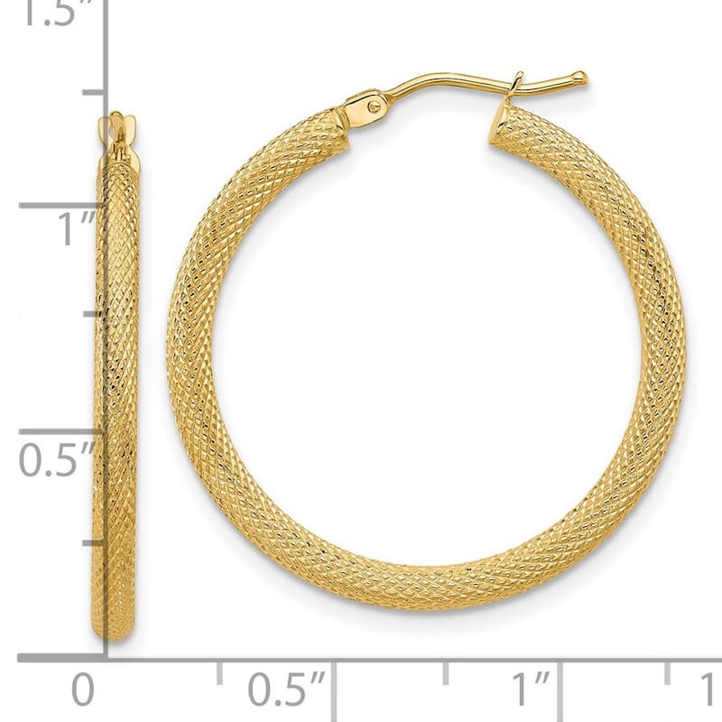 Curata 14k Yellow Gold Polished and Textured Round Hoop Earrings - 30.1x29.65mm