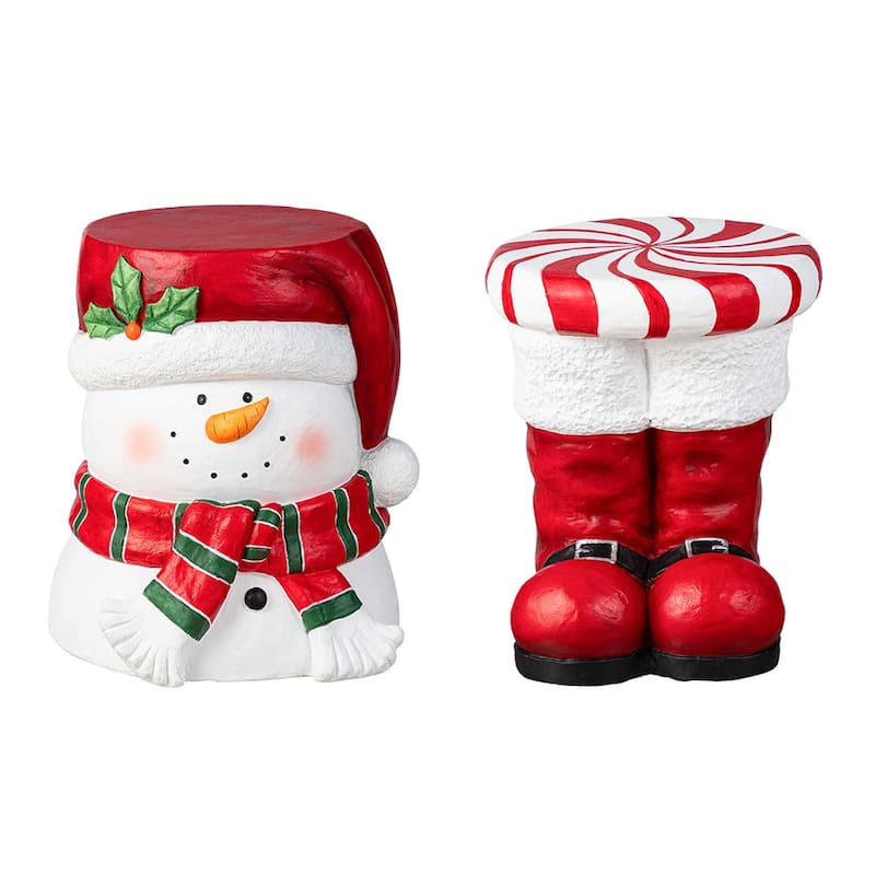 Glitzhome Christmas MGO Santa Snowman Home Stools or Accent Side Table - 14.25"H Snowman & 14.5"H Boot