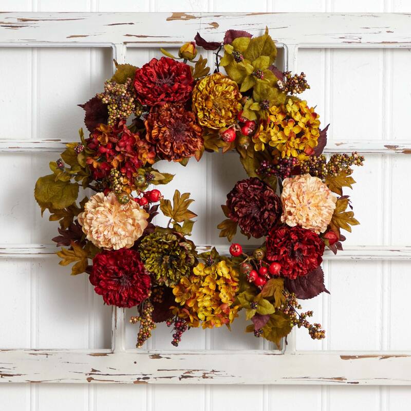 Hydrangea and Peony Hydrangea Artificial Fall Harvest Wreath, 22-Inch, Unlit