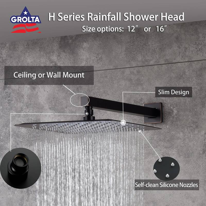 16" Ceiling Mount Rainfall 3 Way Thermostatic Faucet Shower System with 6 Body Jets