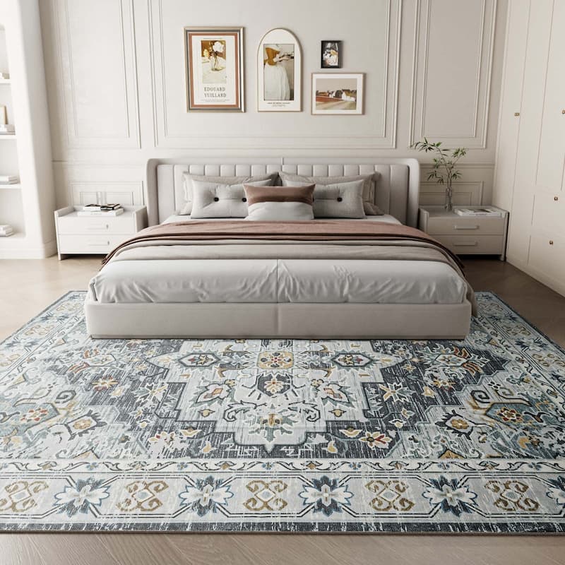 Non-Slip Machine Washable Grey Yellow Cream Multicolor Area Rug