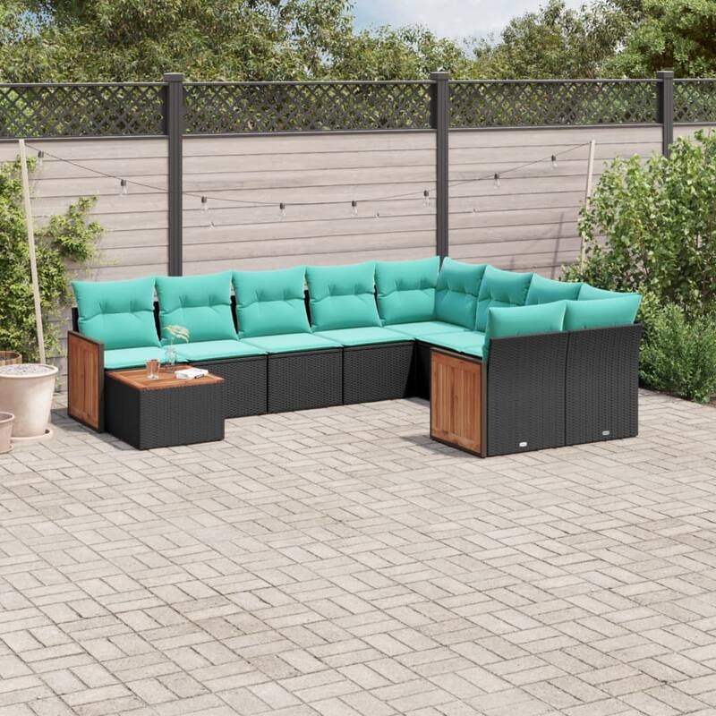 vidaXL 10 Piece Patio Sofa Set with Cushions Black Poly Rattan - 21.7x27.2x24.4
