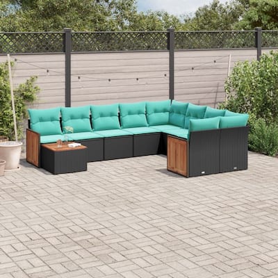 vidaXL 10 Piece Patio Sofa Set with Cushions Black Poly Rattan - 21.7x27.2x24.4
