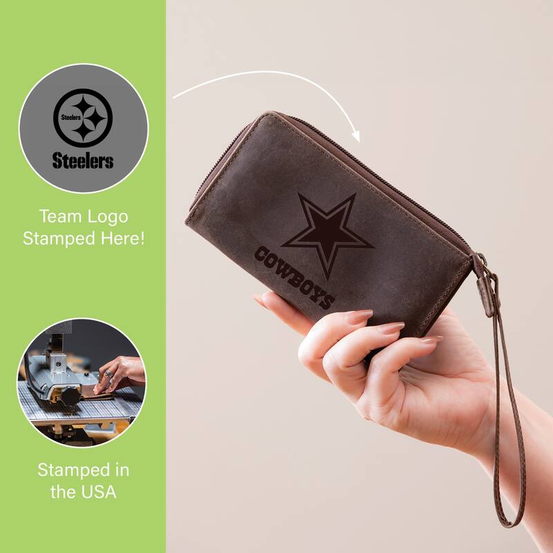 Brown Leather Cell Phone Wristlet Wallet, Pittsburgh Steelers - 4" x 7"