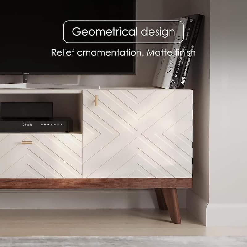Living Skog Alba Beige TV Stand Console with Drawer Fits TV's up to 65 in. with Wood Legs Mid Century Modern Design