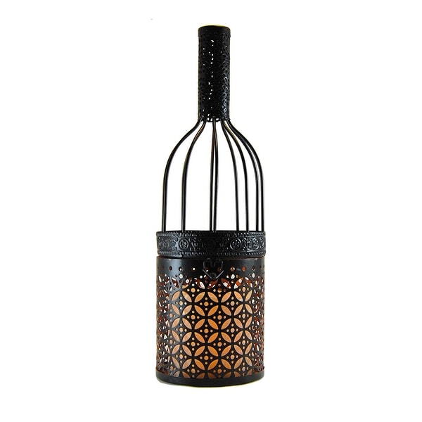 12" Black Wine Bottle Metal Lantern with LED Candle - N/A