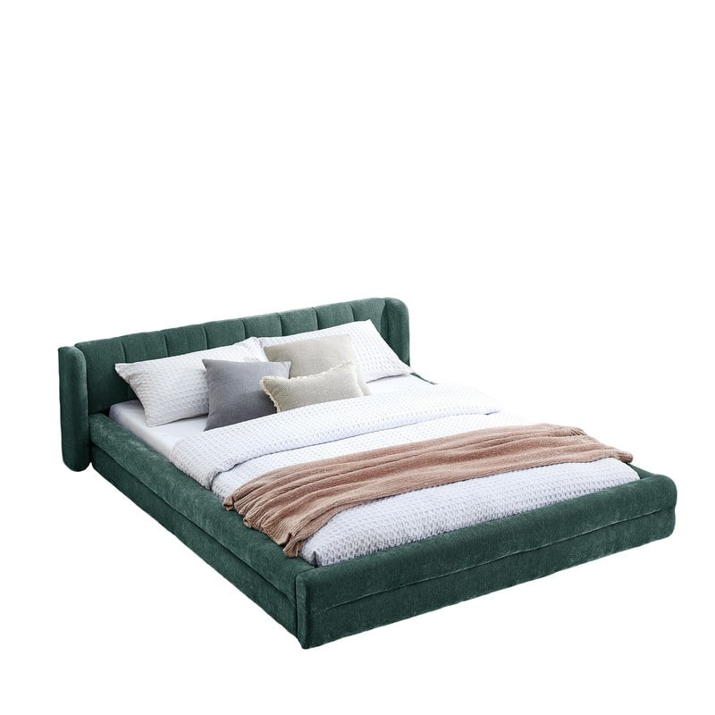 Queen-Sized Chenille Upholstered Bed with Headboard and Solid Frame.