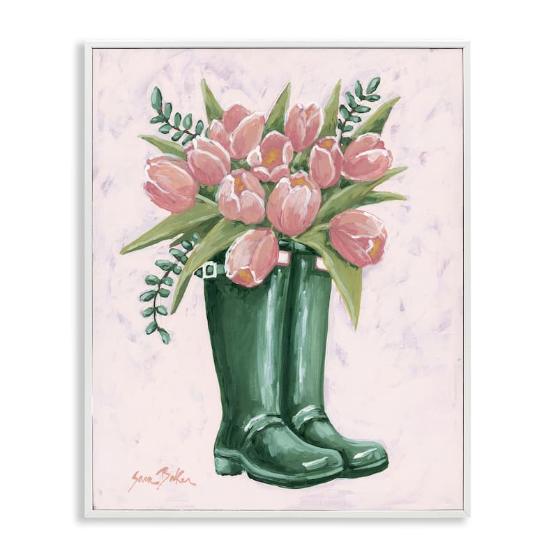 Stupell Pink Tulips in Boots Framed Giclee Art Design By Sara Baker - 24 x 30 - White