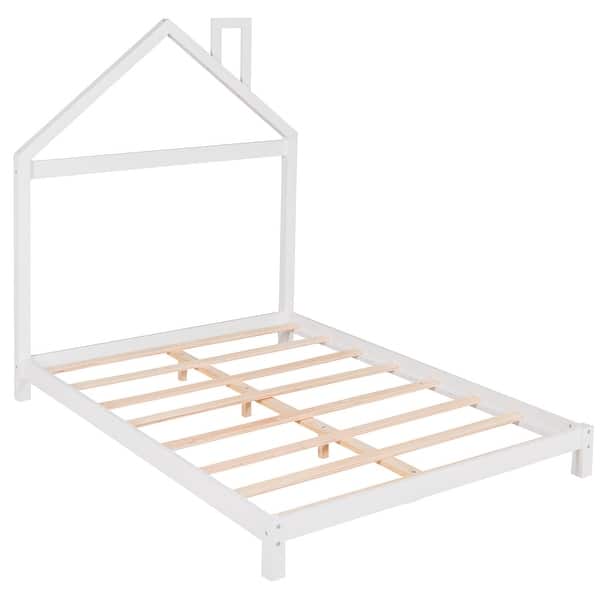 slide 2 of 9, Wooden Full Size Platform Bed Frame, Modern Full Kids Bed Frame with House-shaped Headboard, Solid Wood Full Bedframe White - Full
