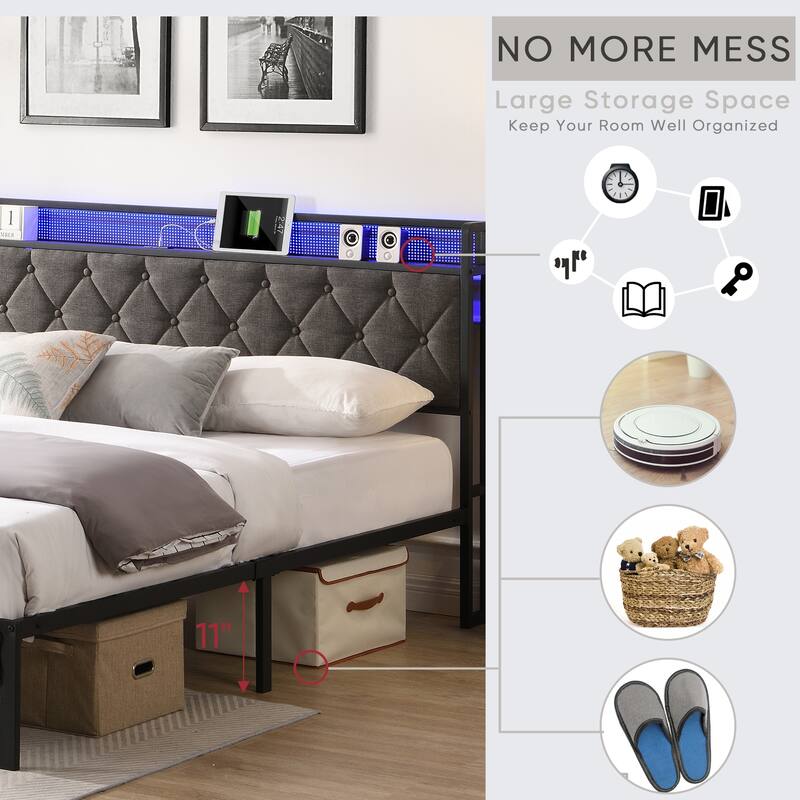 Grey Upholstered Full Bed Frame with Storage Headboard, USB Ports, and LED Lights